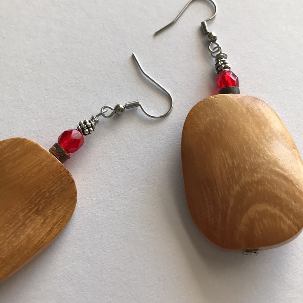 Large light weight wood red glass dangle earrings